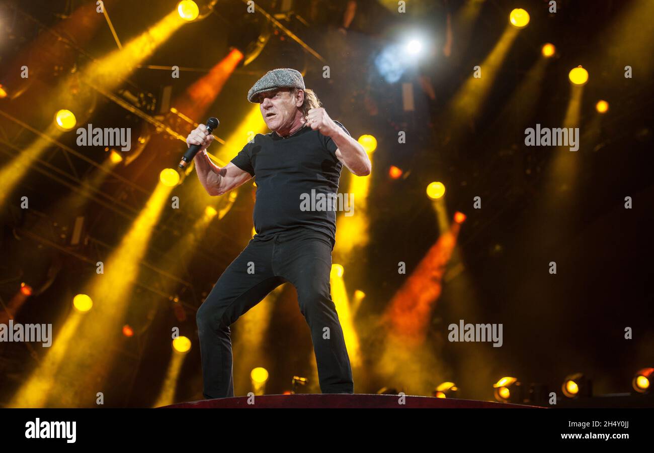 Brian Johnson of AC/DC performing live on stage at Wembley Stadium on July 04, 2015 in London, United Kingdom Stock Photo