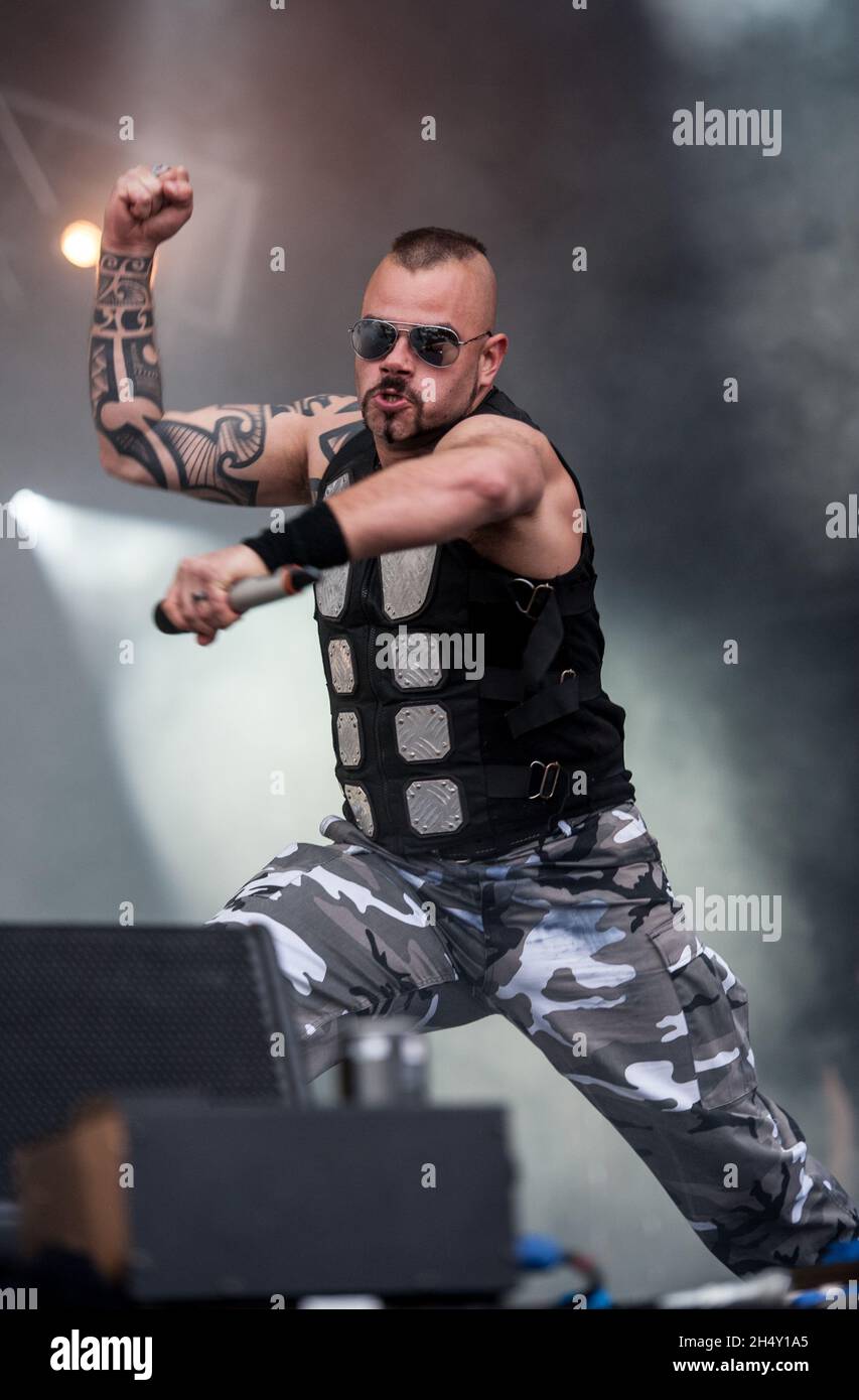Joakim BrodÃ©n of Sabaton performing live on stage during Bloodstock festival  on August 07, 2015 at Catton Hall, Derbyshire, United Kingdom Stock Photo