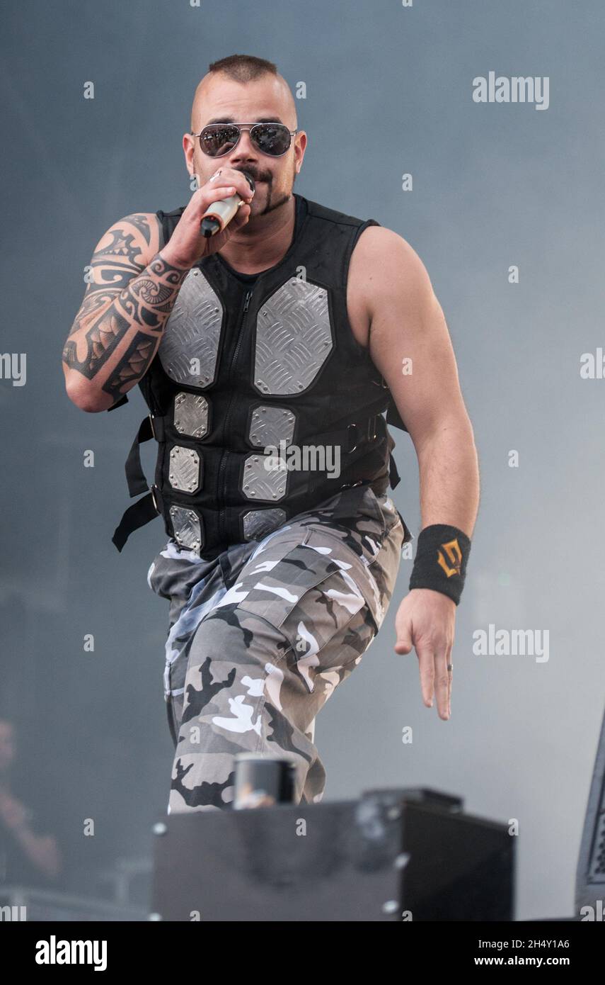 Joakim BrodÃ©n of Sabaton performing live on stage during Bloodstock festival  on August 07, 2015 at Catton Hall, Derbyshire, United Kingdom Stock Photo