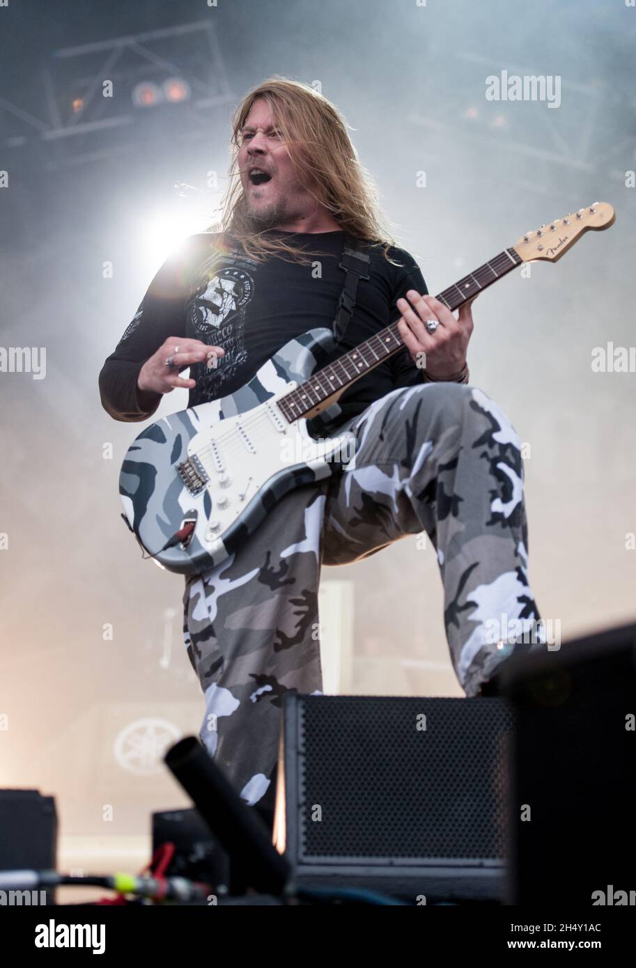 Thobbe Englund of Sabaton performing live on stage during Bloodstock ...