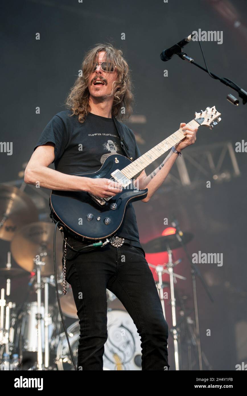 Mikael Akerfeldt of Opeth performing live on stage during Bloodstock festival  on August 08, 2015 at Catton Hall, Derbyshire, United Kingdom Stock Photo