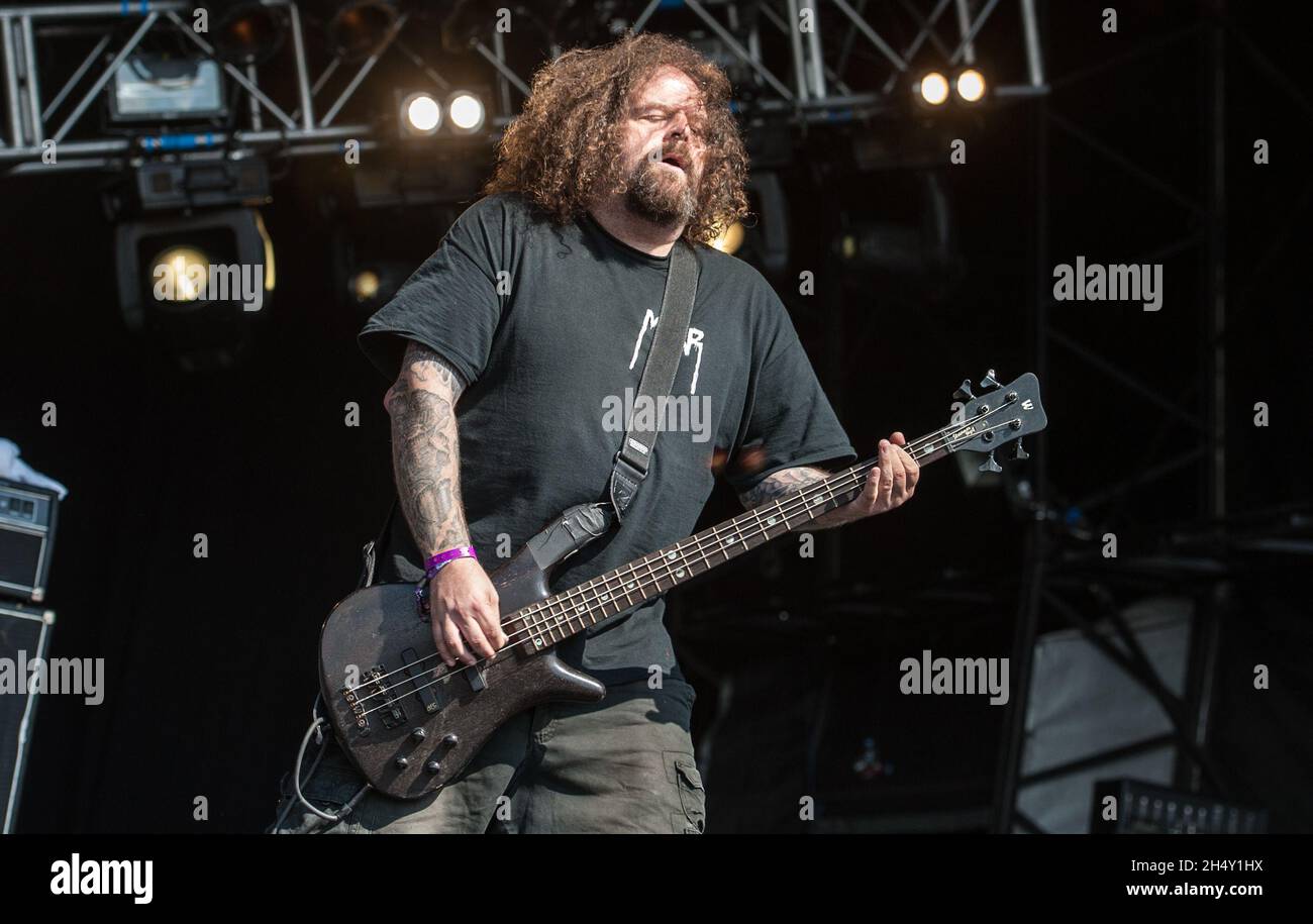 Shane Embury of Napalm Death performing live on stage during Bloodstock ...