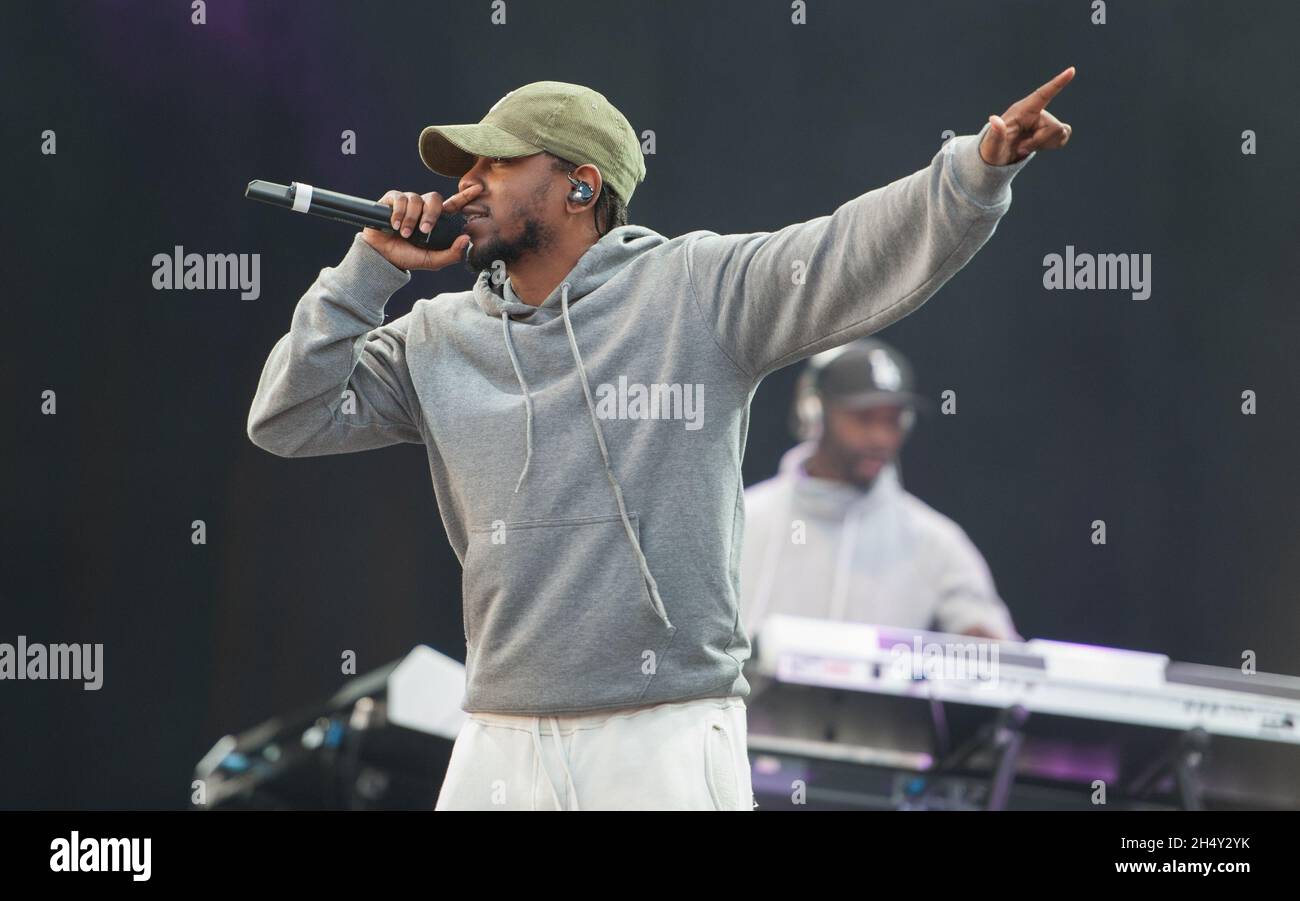 Kendrick Lamar performing live on stage on day 1 of Leeds Festival on ...