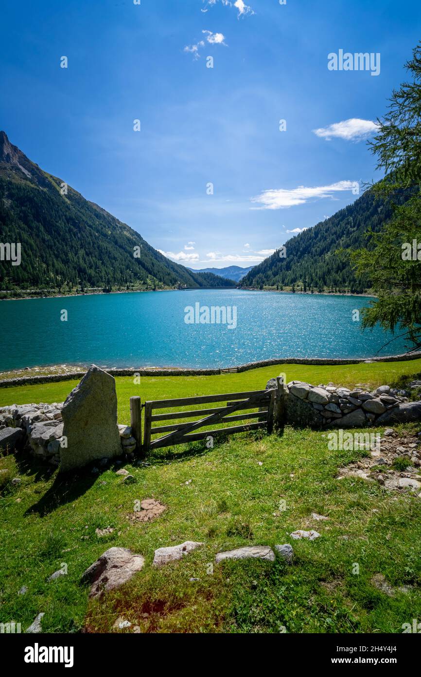 Hiking Tour around the Neves Reservoir in South Tyrol Dolomites Italy Stock Photo