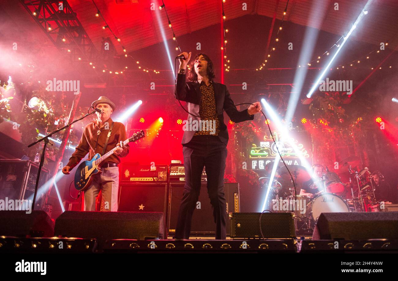 Bobby Gillespie and Andrew Innes of Primal Scream performing live on stage on day 1 of 6 Music Festival at Motion on February 12 2016 in Bristol, United Kingdom Stock Photo