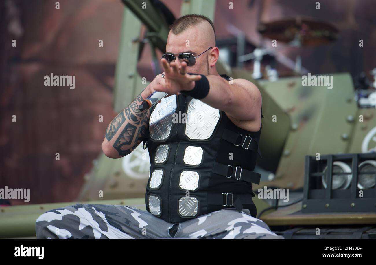 Joakim Broden of the Swedish band Sabaton performing live on stage on day 1  of Download