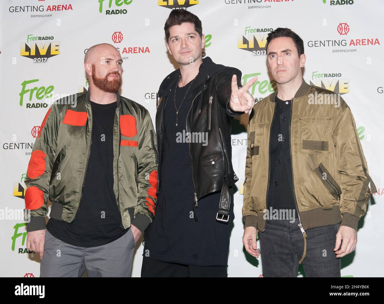 Danny O'Donoghue, Mark Sheehan and Glen Power of The Script performing live on stage during Free Radio Live 2017 at Genting Arena in Birmingham, UK. Picture date: Saturday 11 November, 2017. Photo credit: Katja Ogrin/ EMPICS Entertainment. Stock Photo