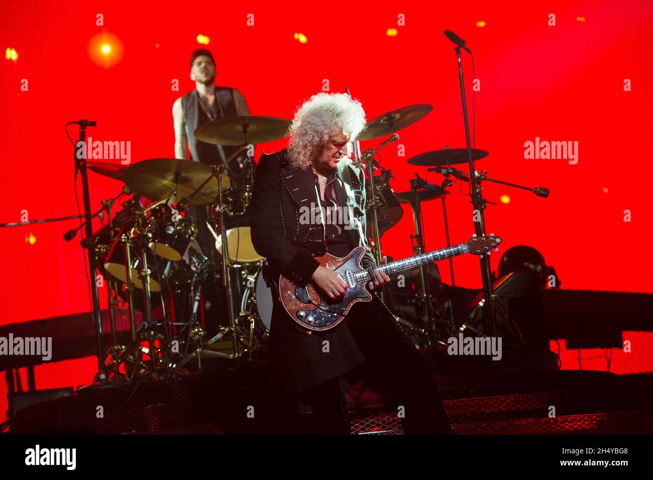 Adam Lambert with Brian May and Roger Taylor of Queen live on stage at  Arena Birmingham in Birmingham, UK. Picture date: Thursday 30 November, 2017.  Photo credit: Katja Ogrin/ EMPICS Entertainment Stock