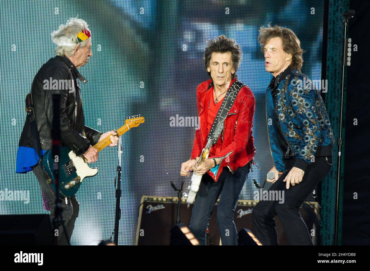 Mick Jagger, Keith Richards and Ronnie Wood of The Rolling Stones perform on stage at Ricoh Arena on June 02, 2018 in Coventry, England. Picture date: Saturday 02 June, 2018. Photo credit: Katja Ogrin/ EMPICS Entertainment. Stock Photo