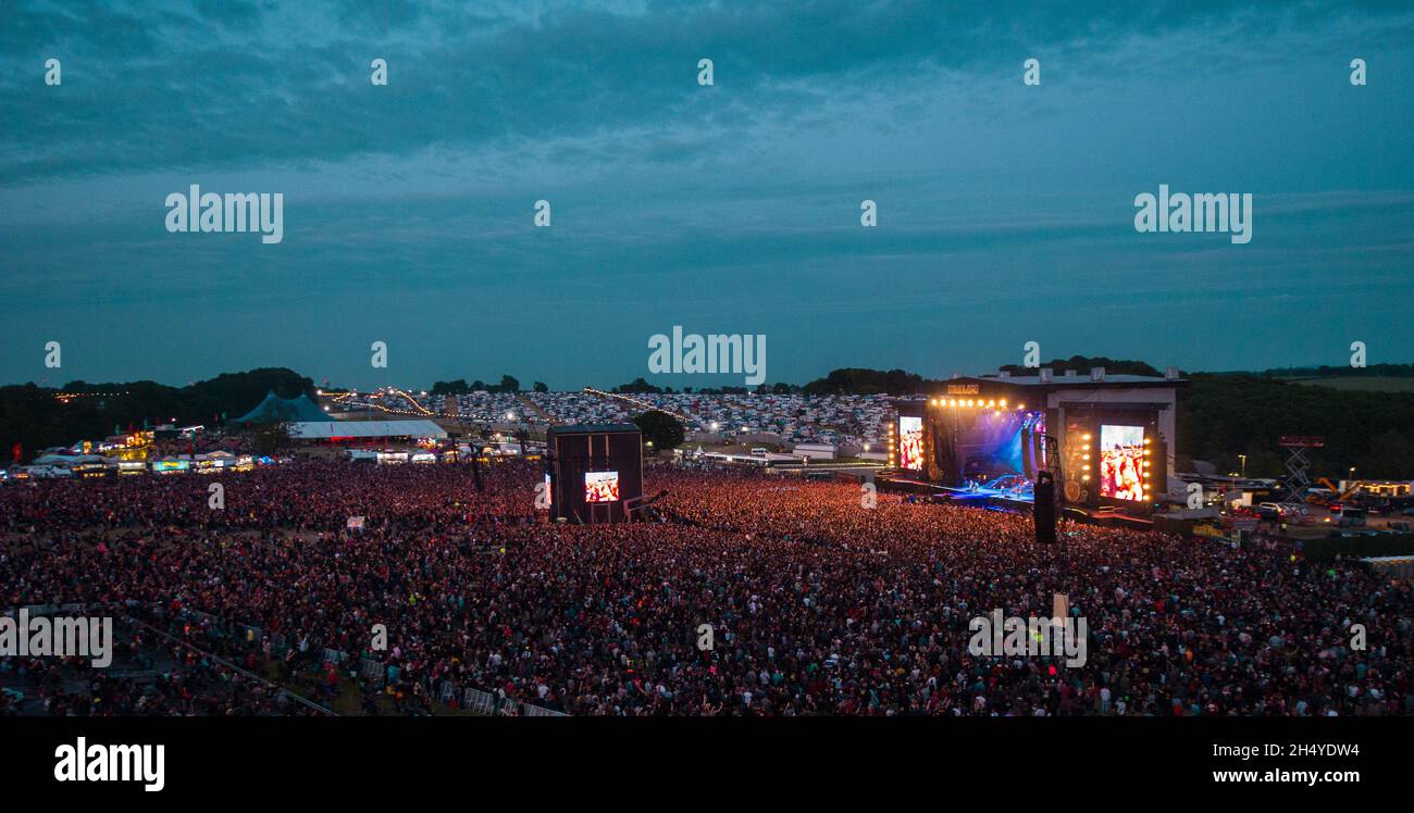 General view of the arena and main stage with crowd watching Guns N ...