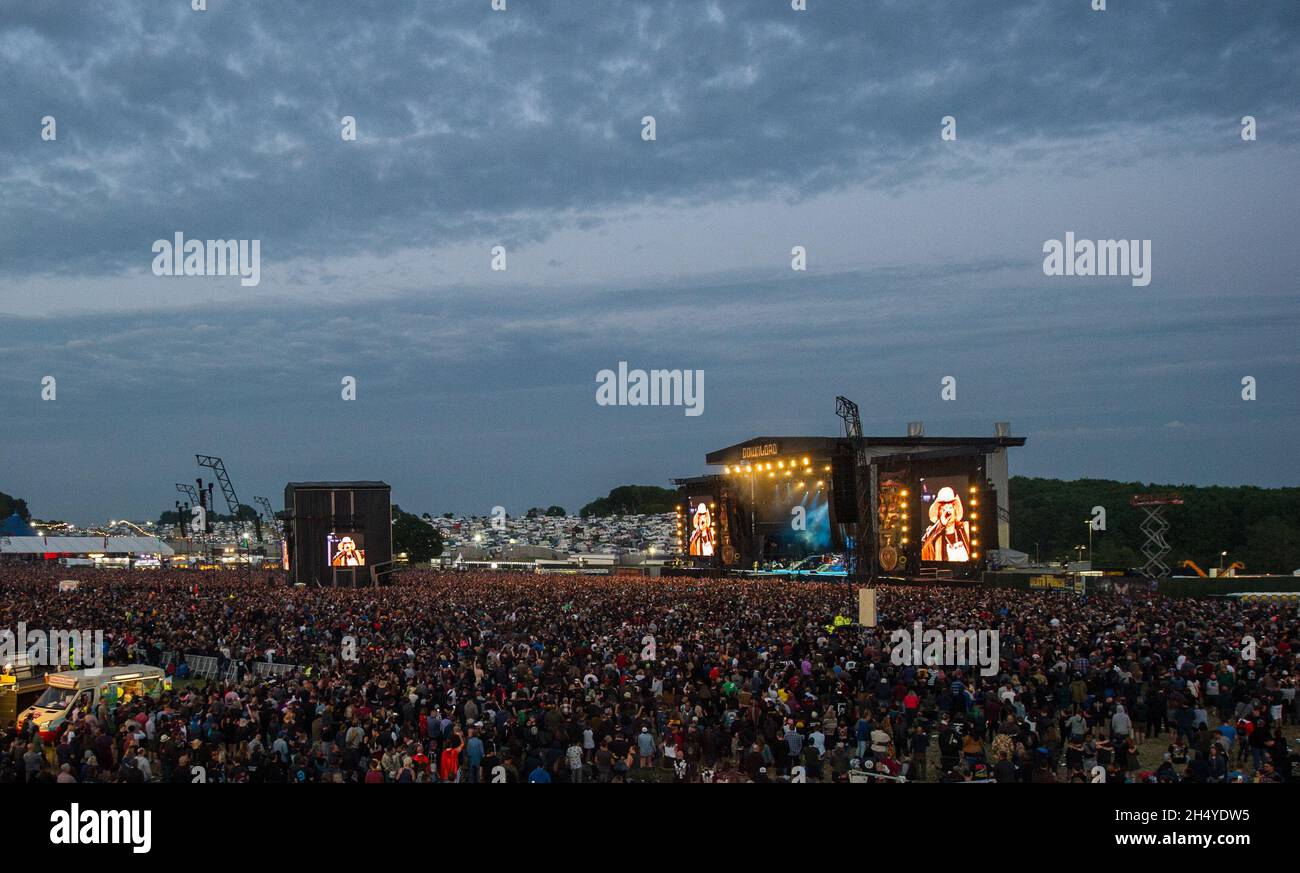 General view of the arena and main stage with crowd watching Guns N ...