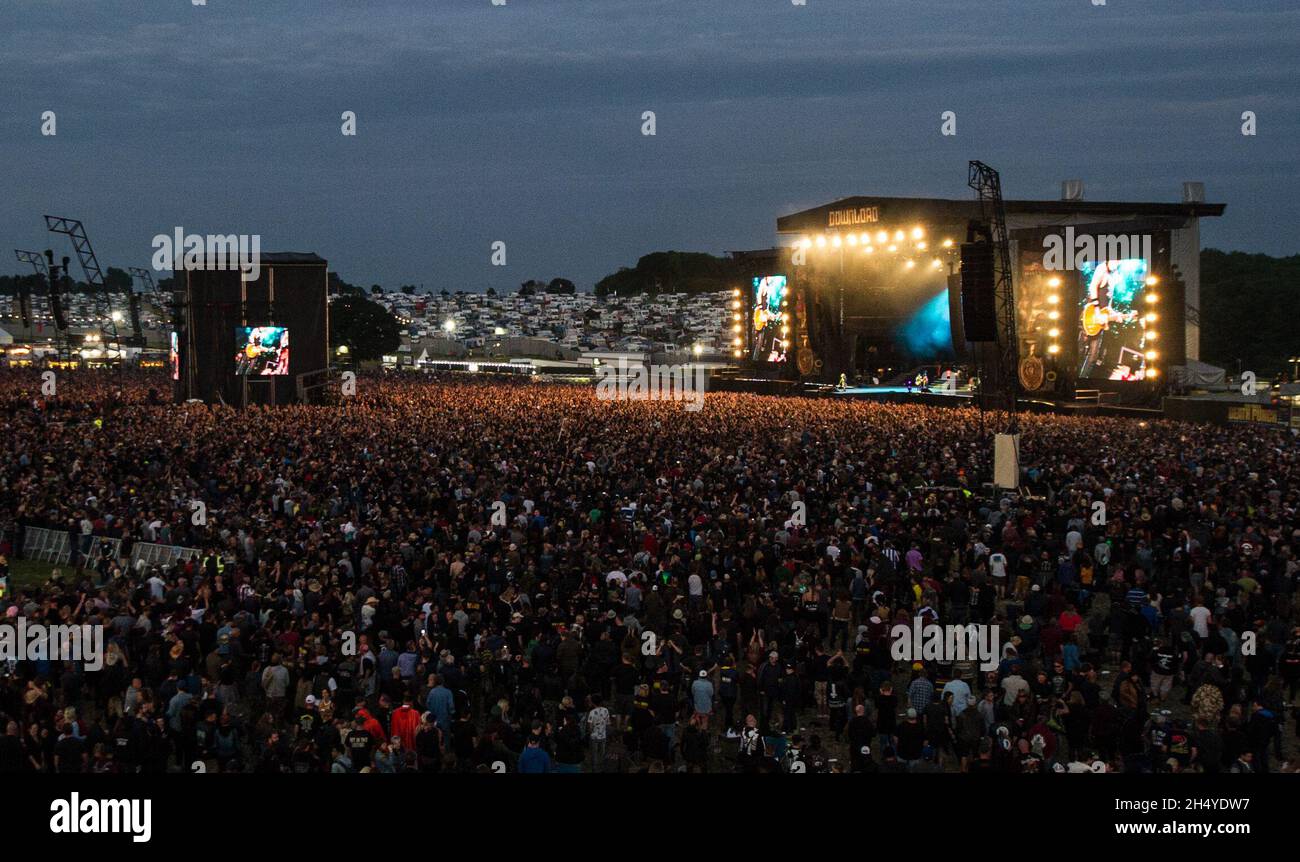 General view of the arena and main stage with crowd watching Guns N ...