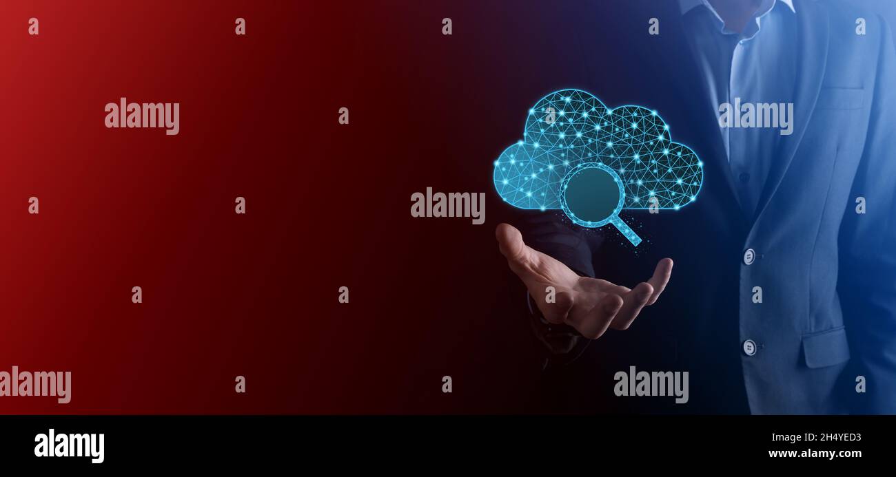 Cloud technology. Polygonal wireframe cloud storage sign with search magnifier icon on dark blue. Cloud computing, big data center, future infrastruct Stock Photo
