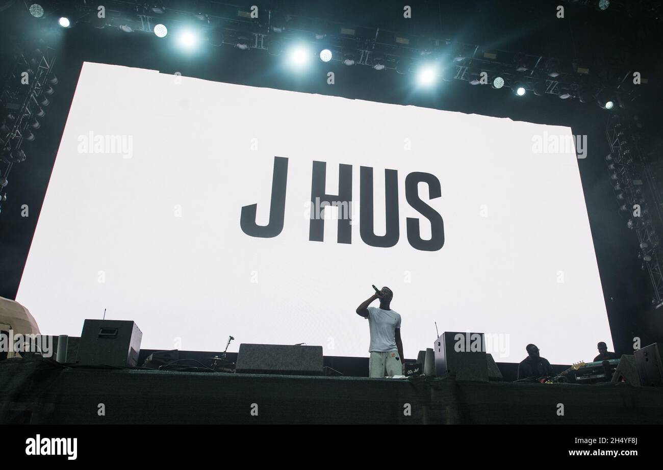Rapper J Hus performs on stage on day 1 of Leeds Festival in Bramham ...