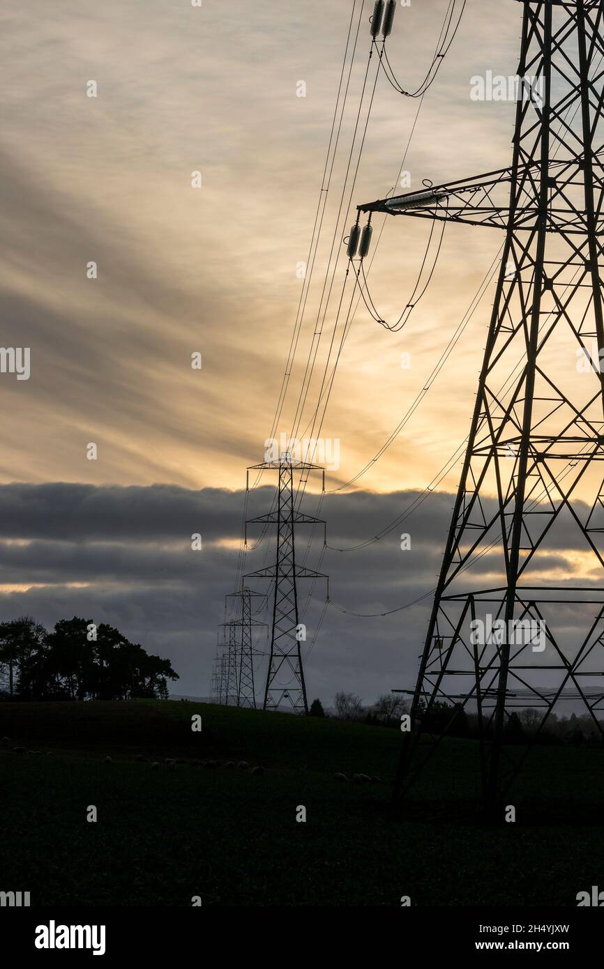 Highvoltage, overhead power lines and pylons carrying electricity