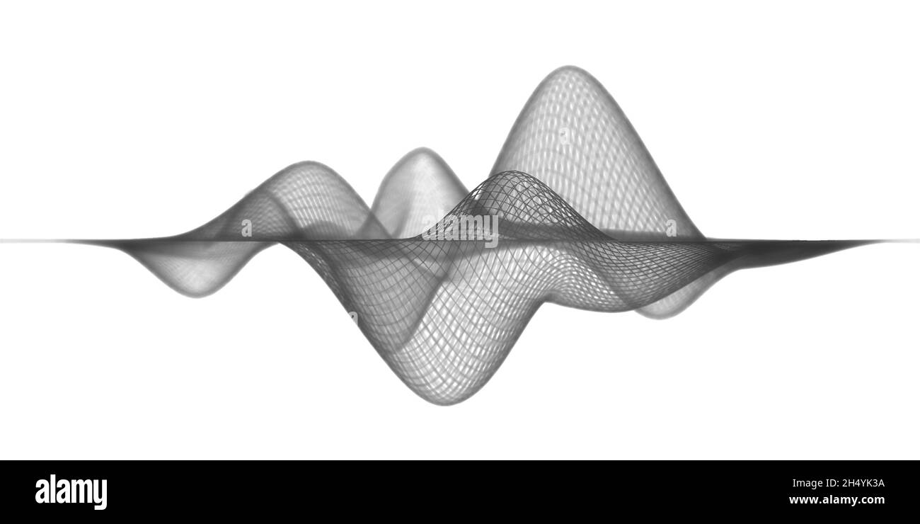Dark grey wireframe wave structure or abstract visualization of audio sound waves isolated against white background Stock Photo