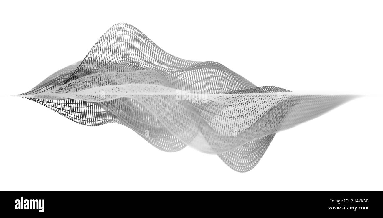 Dark grey wireframe wave structure or abstract visualization of audio sound waves isolated against white background Stock Photo