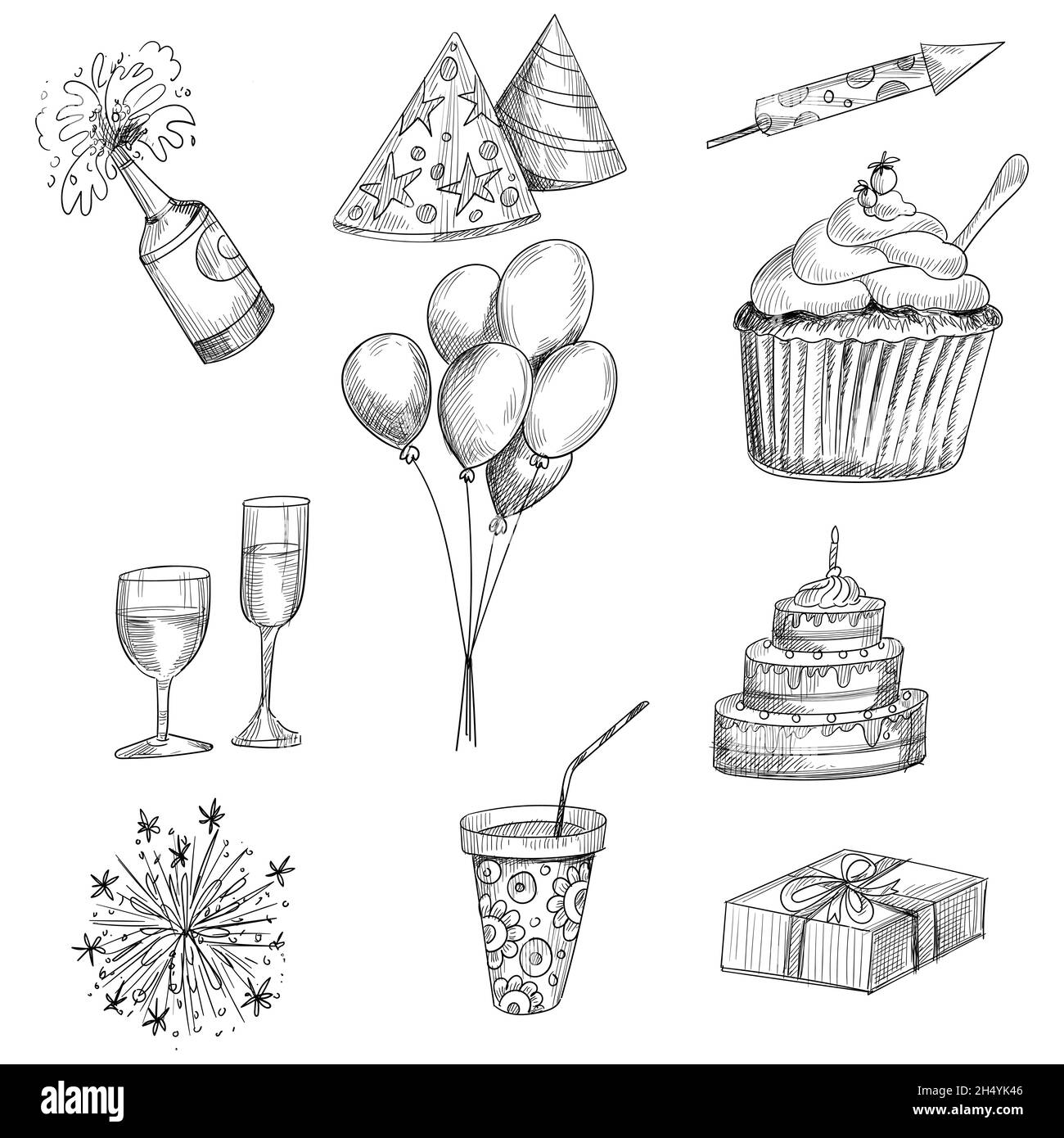 Beautiful sketches on the theme of the birthday party design Stock Vector