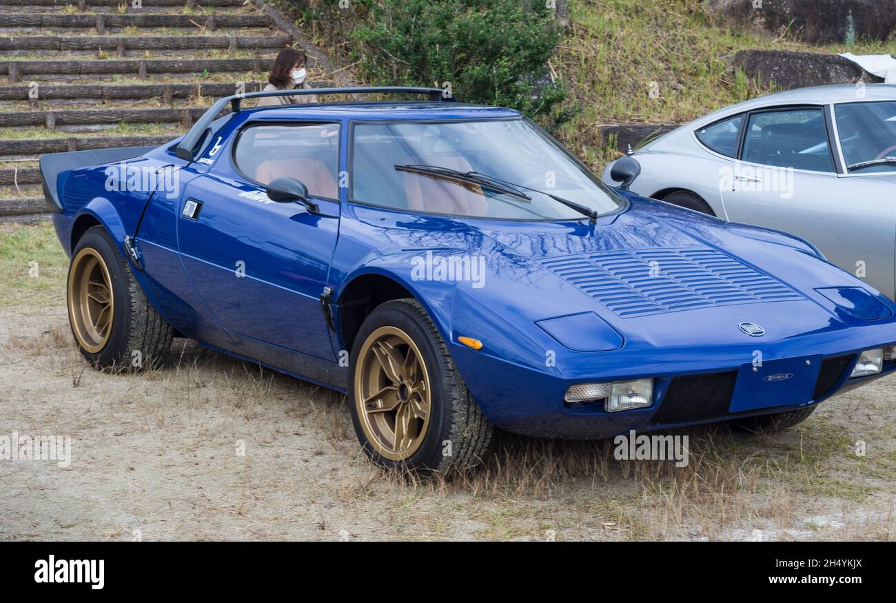 Front side view of a blue Lancia Stratos HF Stradale classic Italian sports rally car. Stock Photo