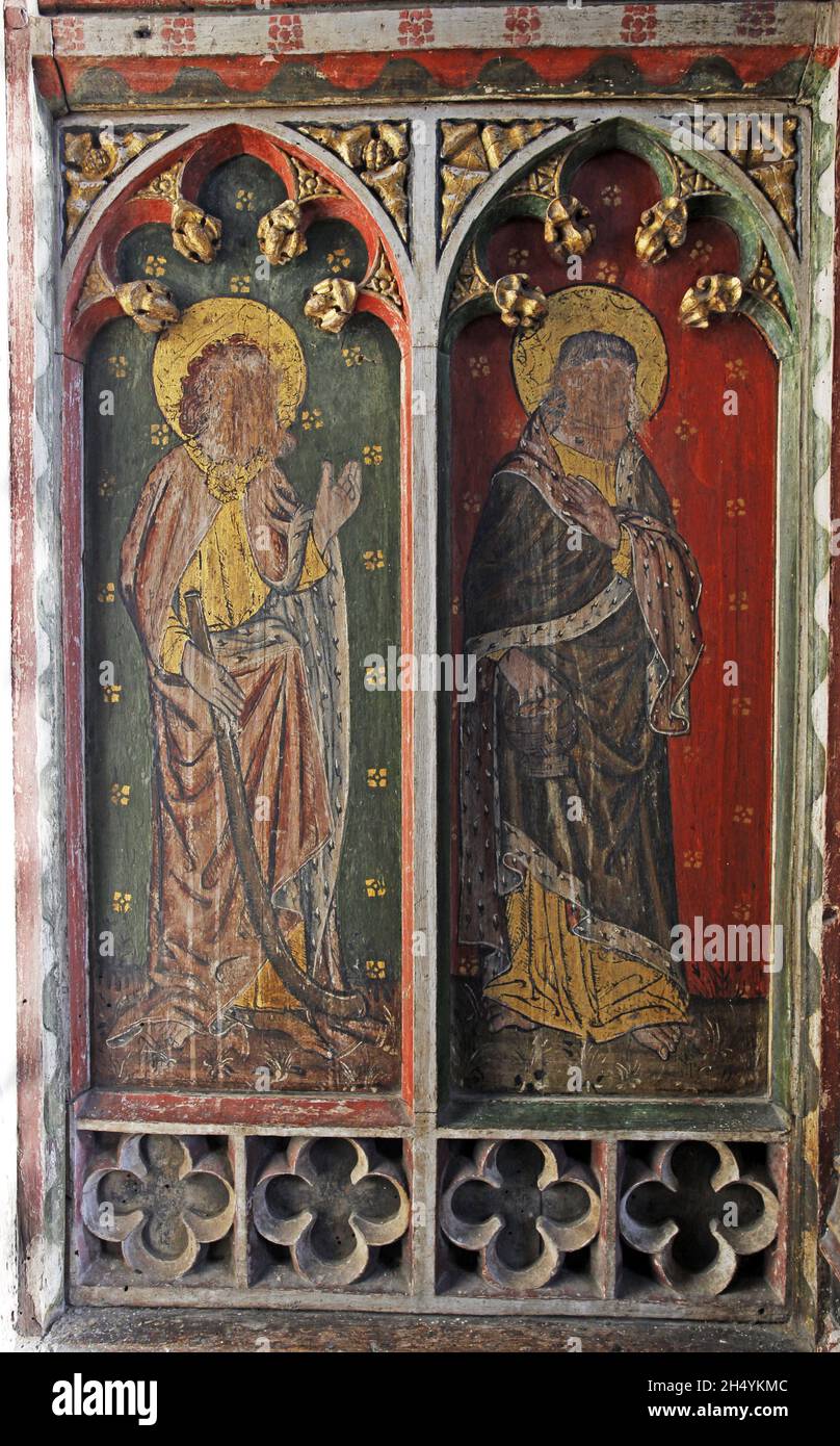 Painted rood screen depicting Saint James the Less and Saint Philip, St Peter's Church, Belaugh, Norfolk Stock Photo