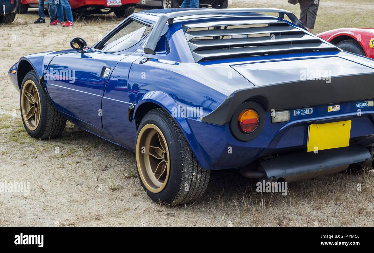 Rear side view of a blue Lancia Stratos HF Stradale classic Italian ...