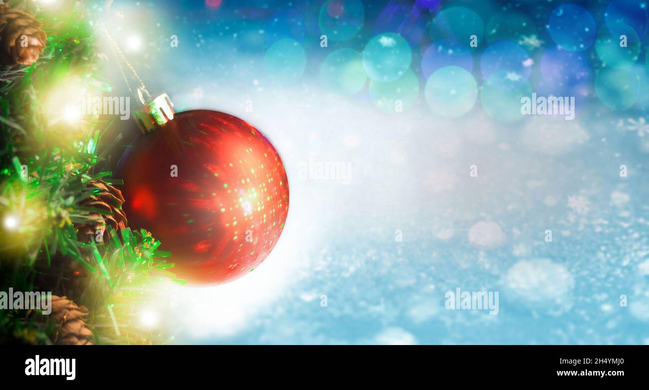 Merry christmas and Happy New Year celebration concept, background with snowy,christmas tree and balls,panoramic banner with copy space Stock Photo