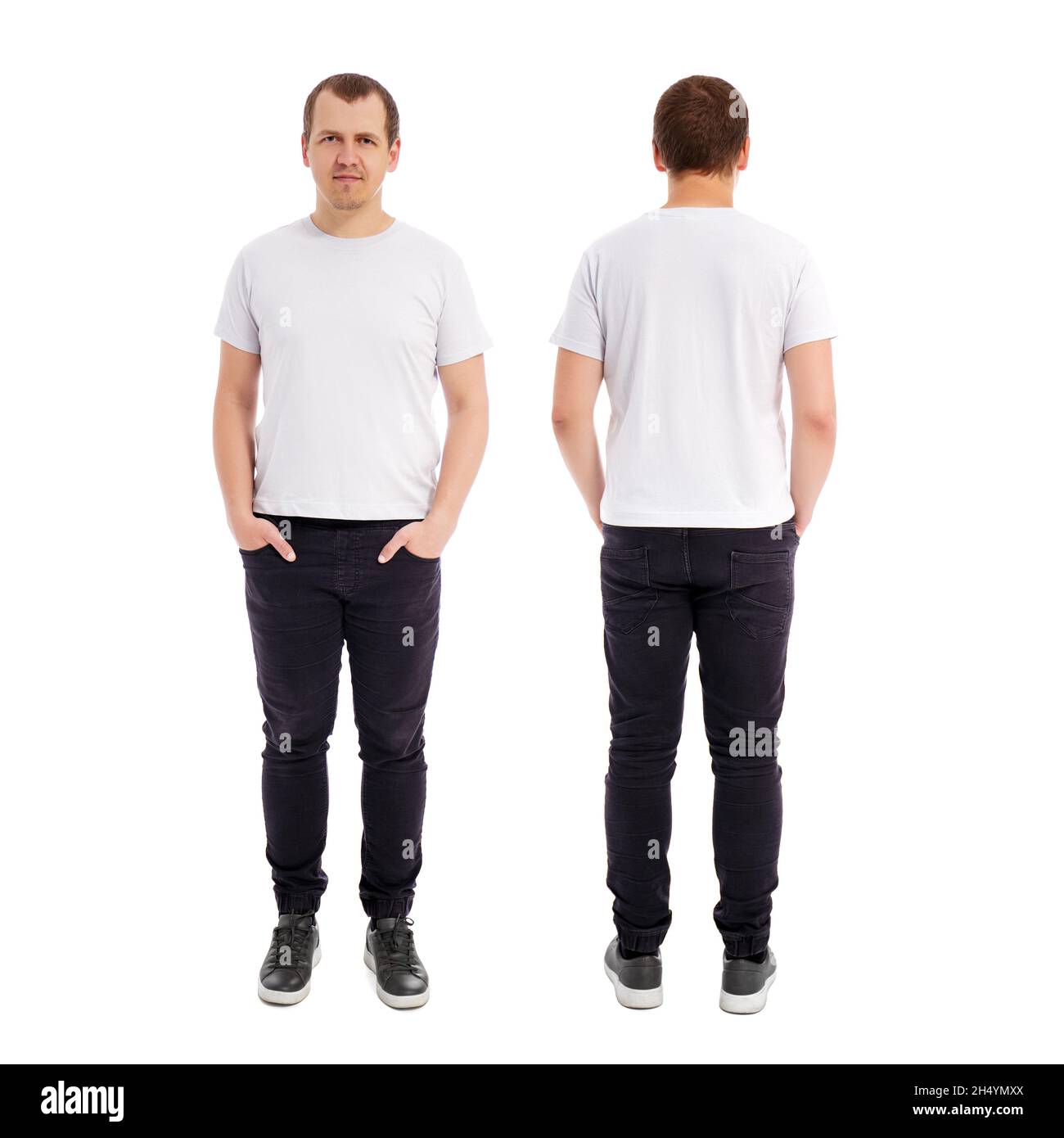 front and back view of young handsome man in white t-shirt isolated on ...