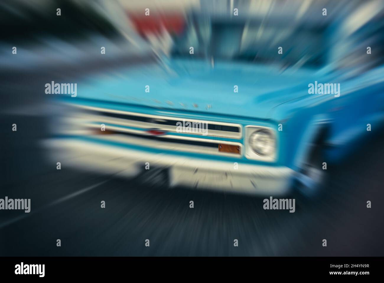 Chevrolet C10 pickup truck, Speeding, Rolling, Blurry, Movement, Zoom Stock Photo