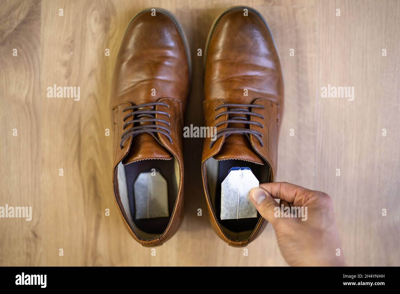 Tea Bag Aroma Life Hack For Smelly Shoes And Foot Odor Stock Photo