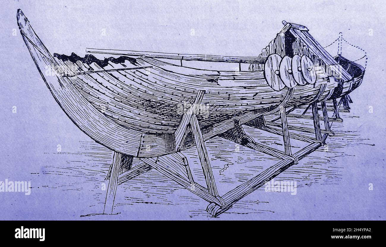 A 1908 illustration showing the remains of a Viking ship recently found in Sweden Stock Photo