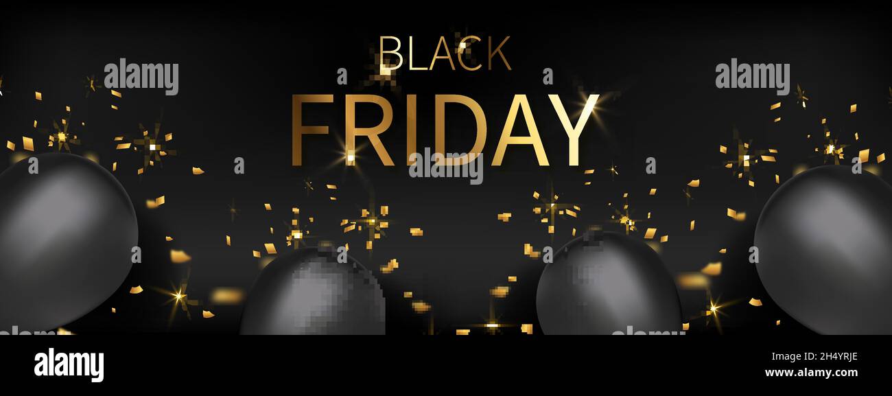 Black friday banner with golden text lettering, balloons and serpentine ...