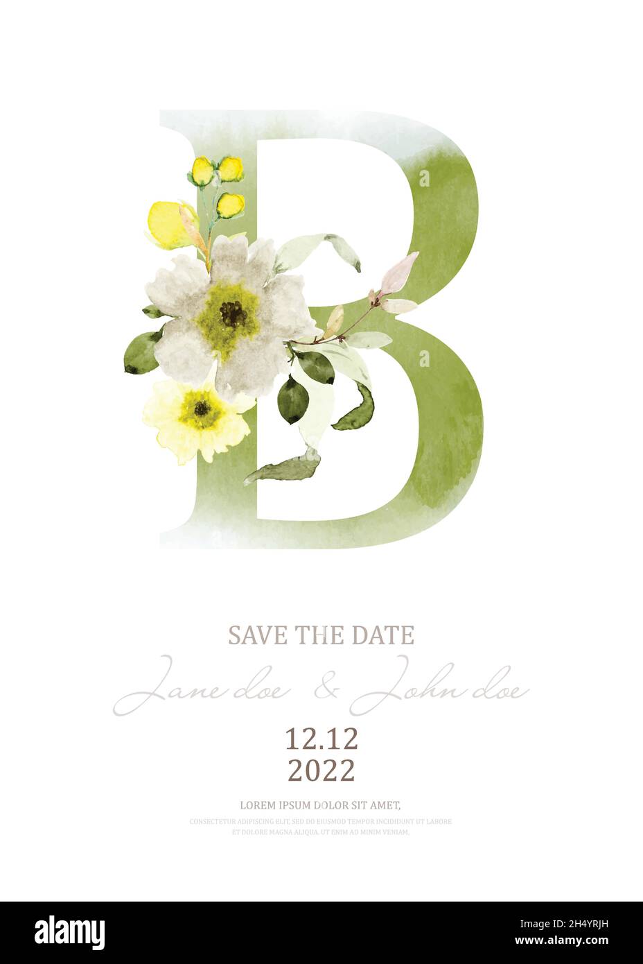 Green watercolor of alphabet B decorated with floral bouquet. Watercolor hand-painted with flower and leaves design on a letter B. Suitable for weddin Stock Vector