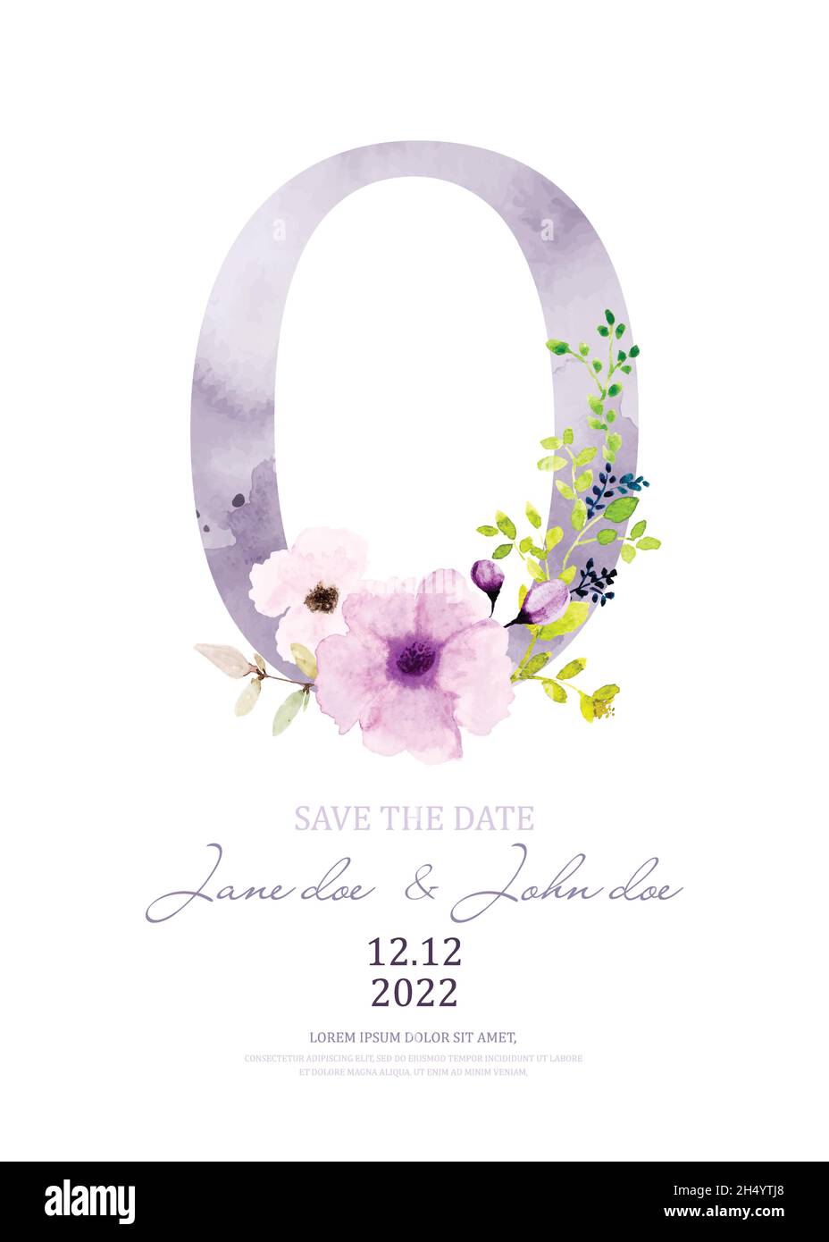 Purple watercolor of alphabet O decorated with floral bouquet. Watercolor hand-painted with flower and leaves design on a letter O. Suitable for weddi Stock Vector