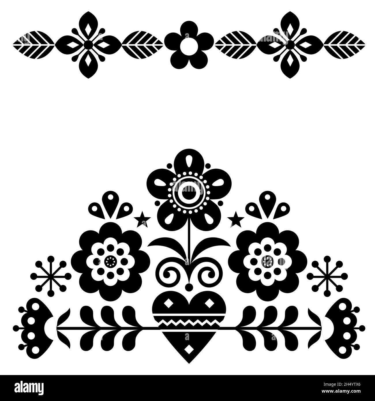 Scandinavian cute folk vector black and white greeting card pattern with flowers, autumn  floral design inspired by traditional embroidery from Sweden Stock Vector