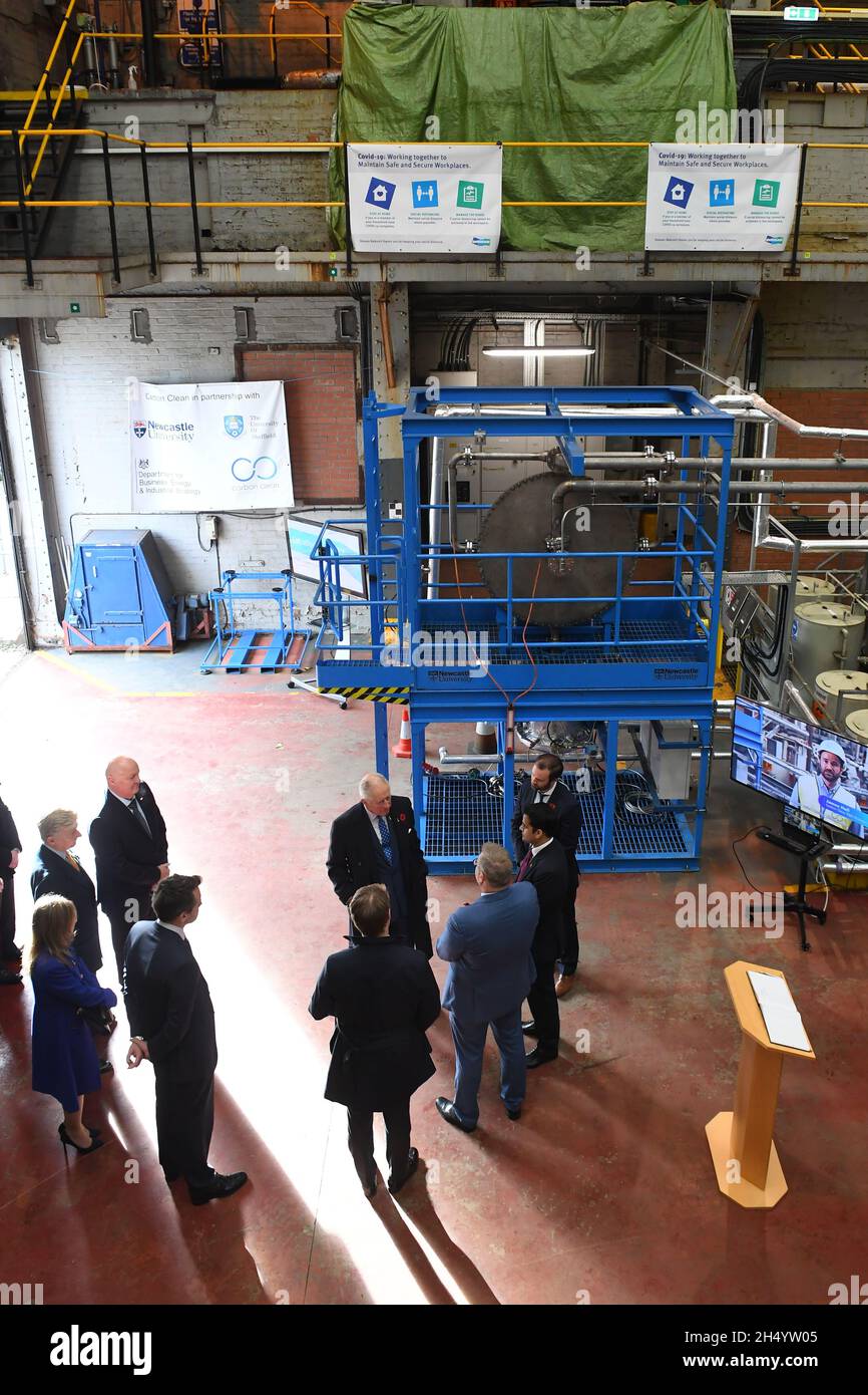 The Prince of Wales (centre) during a visit to CycloneCC technology at Carbon Clean, Doosan Babcock, Renfrew. Picture date: Friday November 5, 2021. Stock Photo