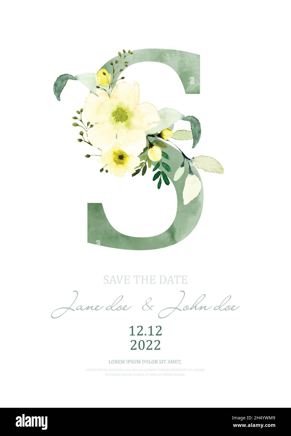 Green watercolor of alphabet S decorated with yellow bouquet. Watercolor hand-painted with floral and leaves design on a letter S. Suitable for weddin Stock Vector