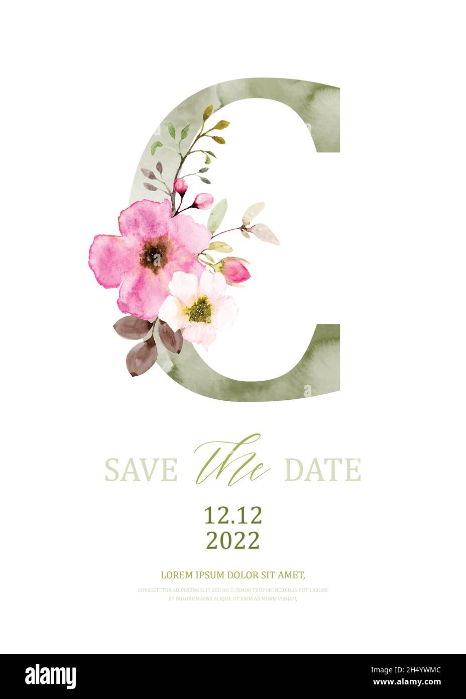 Olive green watercolor of alphabet C decorated with pink bouquet. Watercolor hand-painted with floral and leaves design on a letter C. Suitable for we Stock Vector