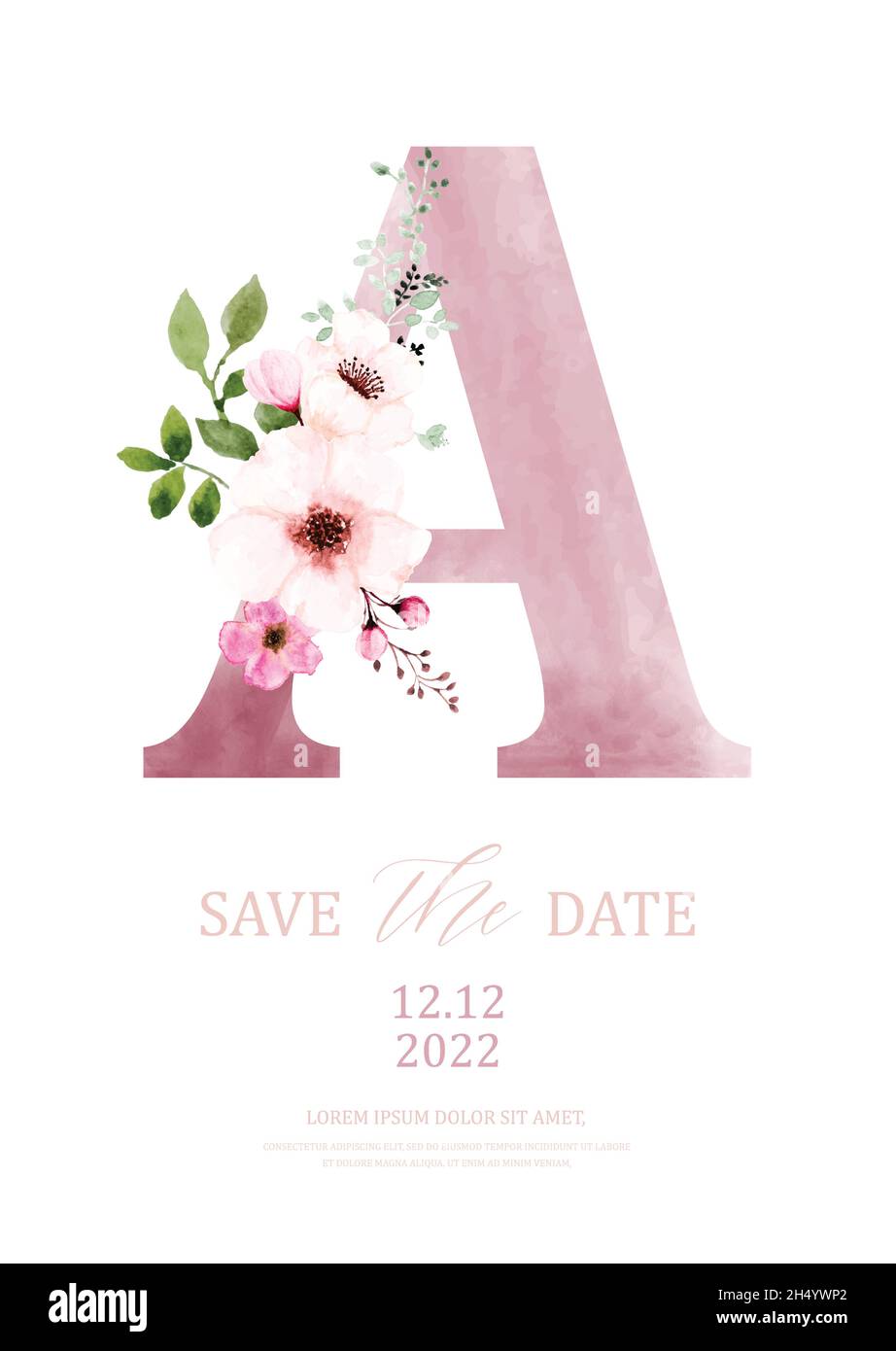 Pink watercolor of alphabet A decorated with bouquet.  Watercolor hand-painted with floral and leaves design on a letter A. Suitable for save the date Stock Vector