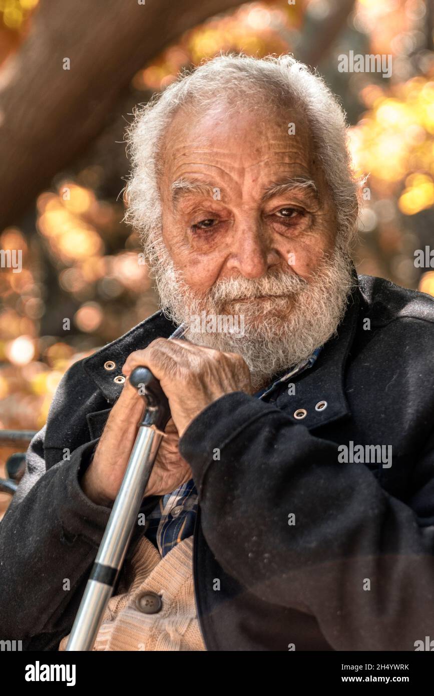 an old man sitting on a chair in a garden Stock Photo - Alamy