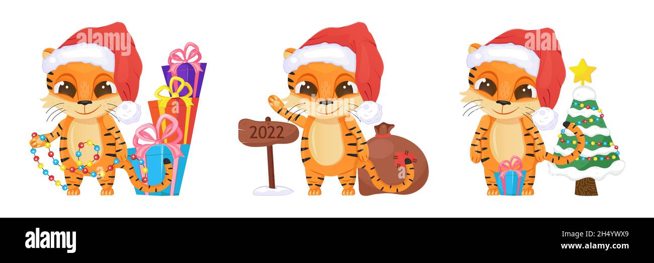 Christmas Present Funny Cartoon 2022 Cute Tiger Vector Set. Happy Chinese New Year 2022 Symbol. Funny Tiger Kid  With Big Eyes And Santa Hat. Gifts, Garland Are Shown. Christmas Invitation  Stock Vector Image & Art - Alamy