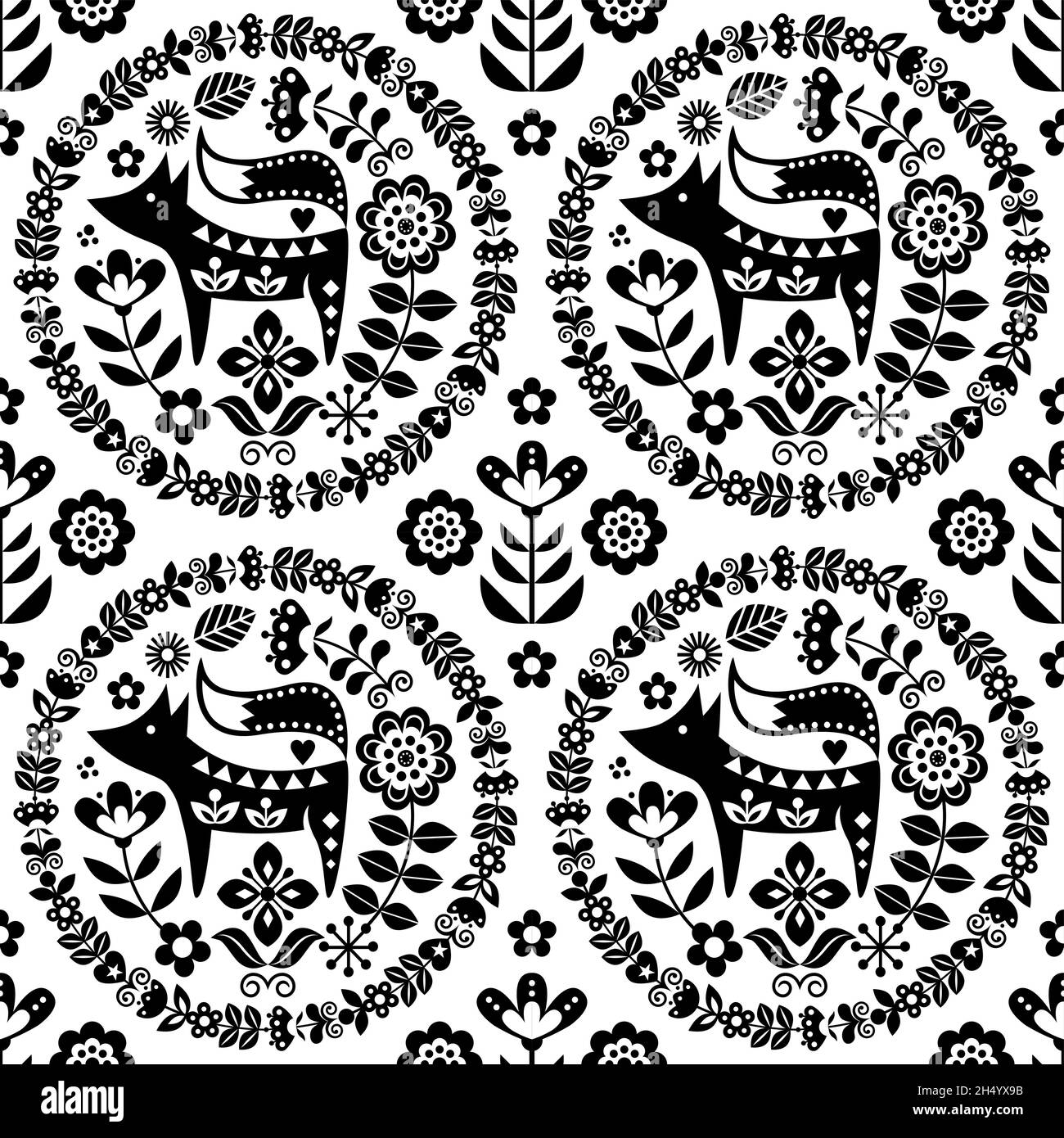 Scandinavian cute folk art vector seamless pattern with flowers and fox, black floral textile ornament inspired by traditional embroidery from Sweden, Stock Vector
