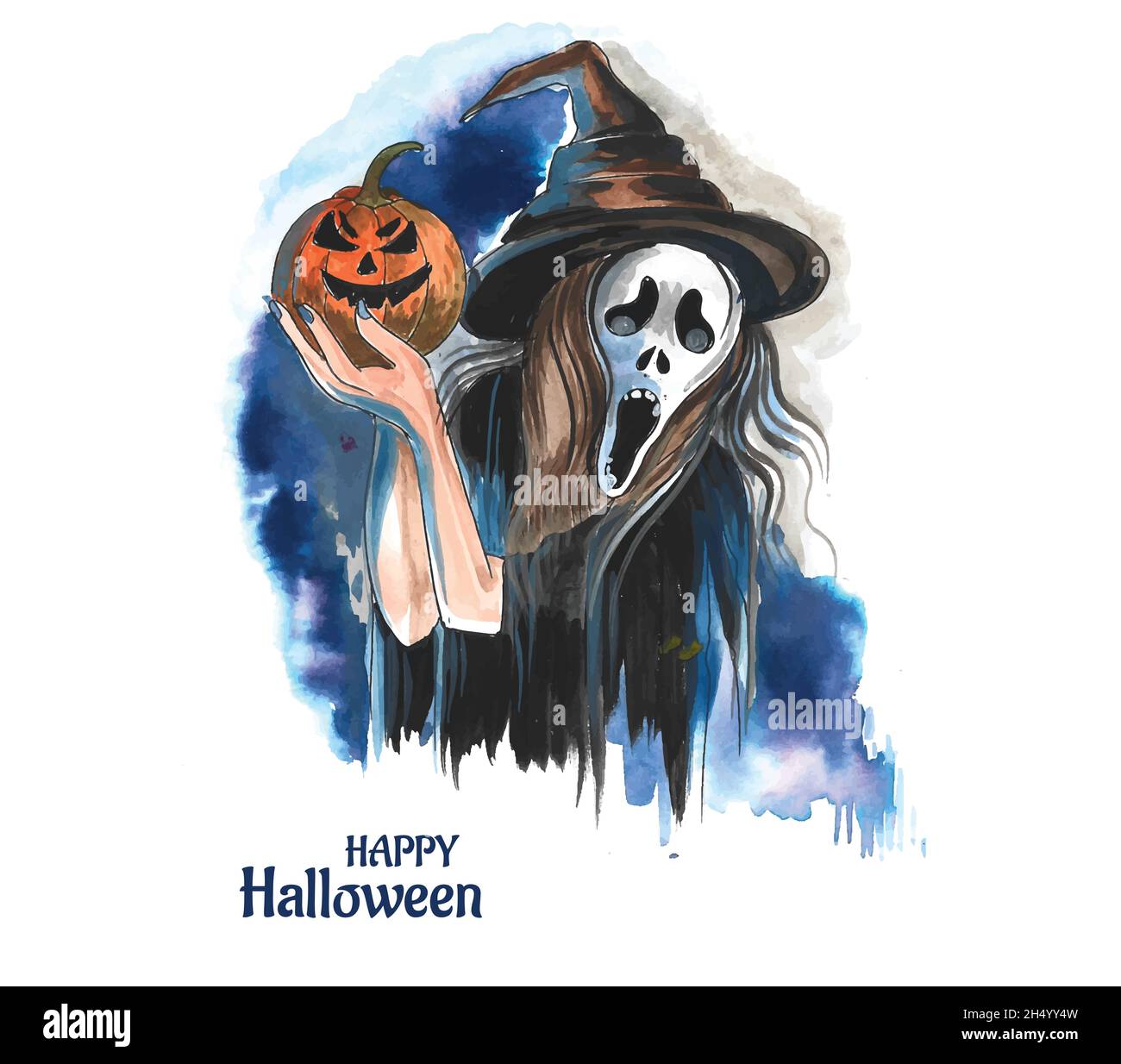 Beautiful young surprised woman with halloween mask background Stock