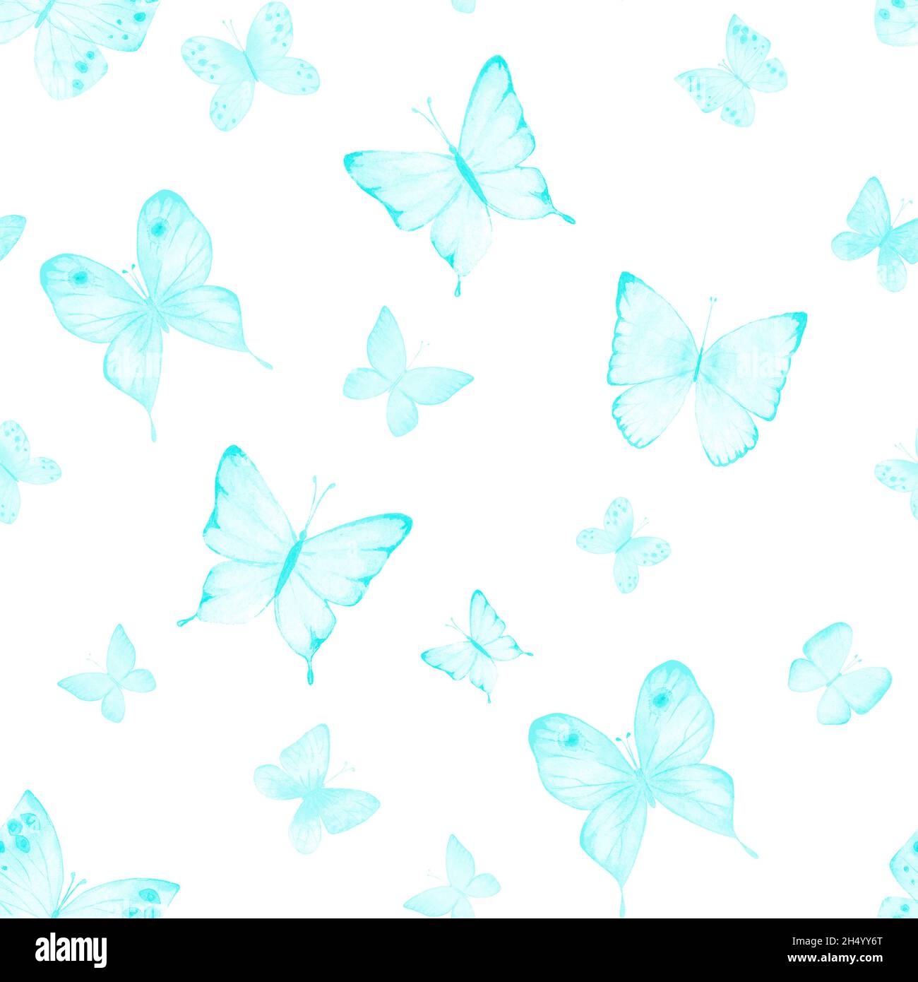 Seamless watercolor botanical summer pattern with teal blue butterflies ...