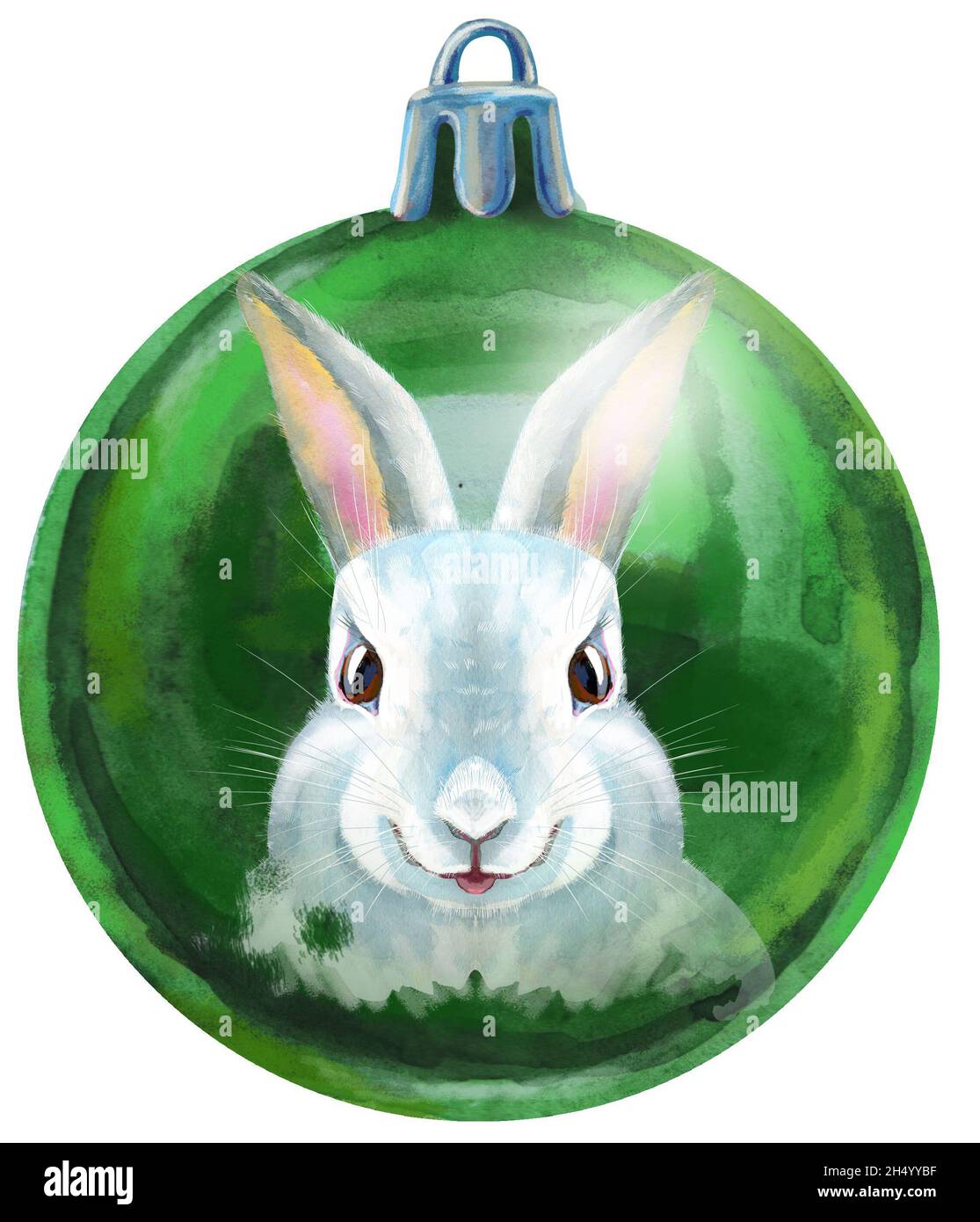 Watercolor Christmas green ball with white rabbit isolated on a white ...
