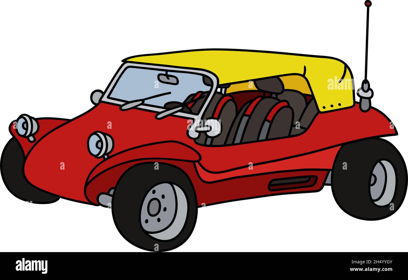 Hand drawing of a red dune buggy with the yellow roof - not a real model Stock Vector
