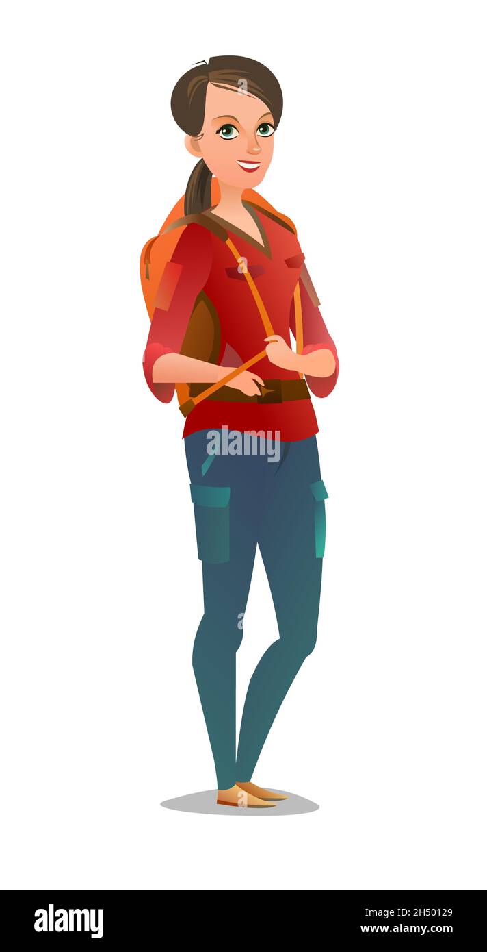 Woman Tourist Backpacker Girl With Backpack On His Back Cheerful Person Standing Pose Cartoon Comic Style Flat Design Single Character Stock Vector Image Art Alamy