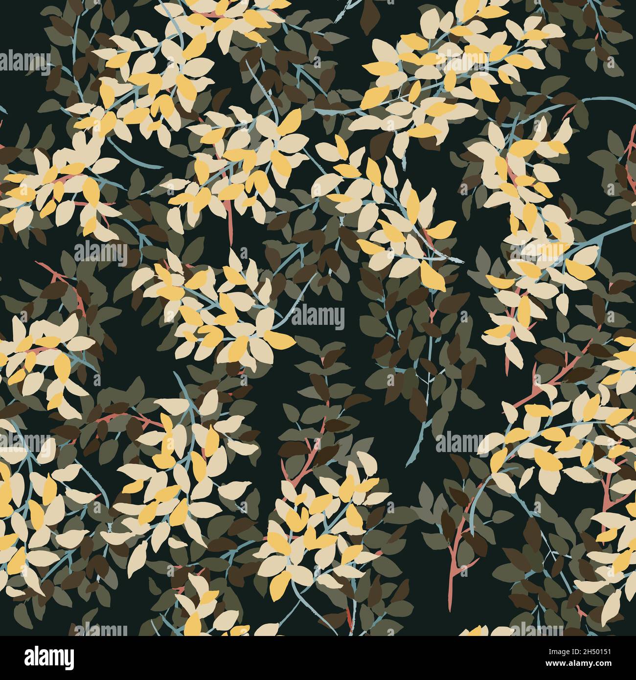 dark seamless pattern with bright autumn leaves Stock Vector