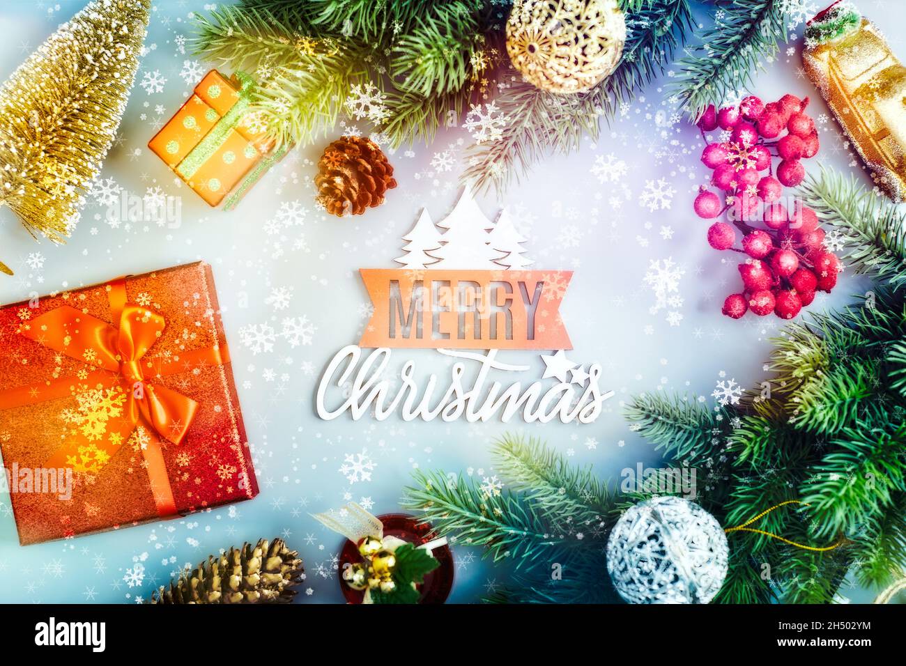 Christmas composition. Frame made of pine branches , Flat lay, top view, copy space Stock Photo