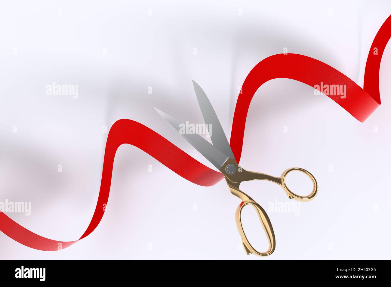 Red ribbon golden scissors cutting with Text space 3D rendering Stock Photo