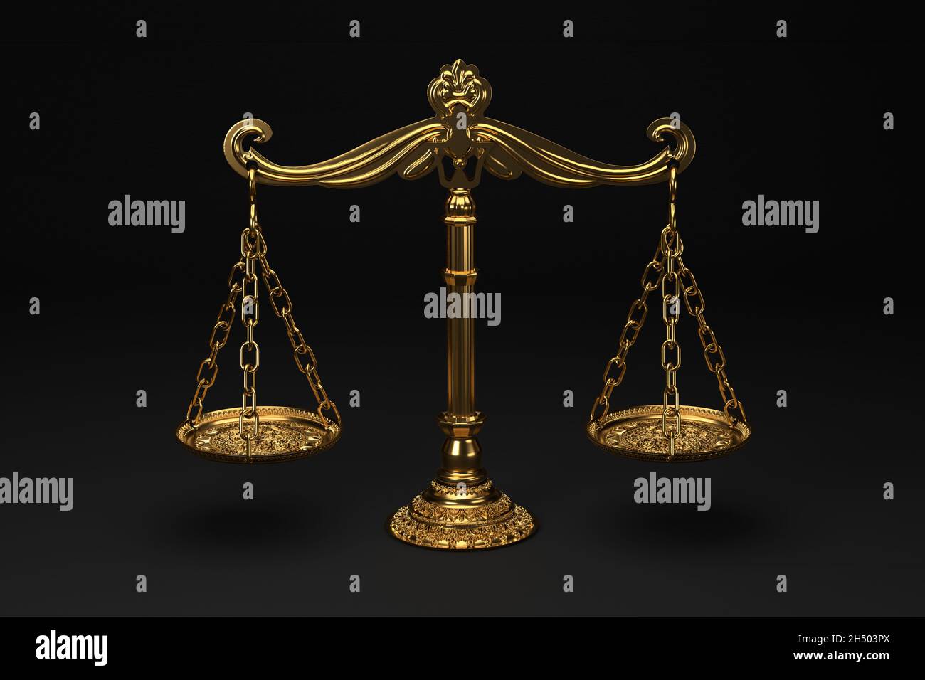 Law scales on black background. Symbol of justice Stock Photo